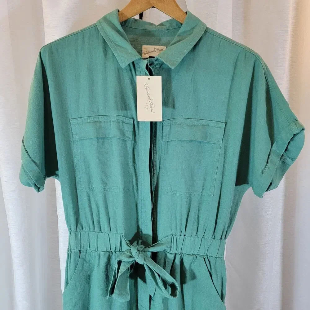NWT Short-Sleeve Linen Boilersuit Sz 4 Green Jumpsuit Tie Waist Universal Thread - Picture 2 of 8